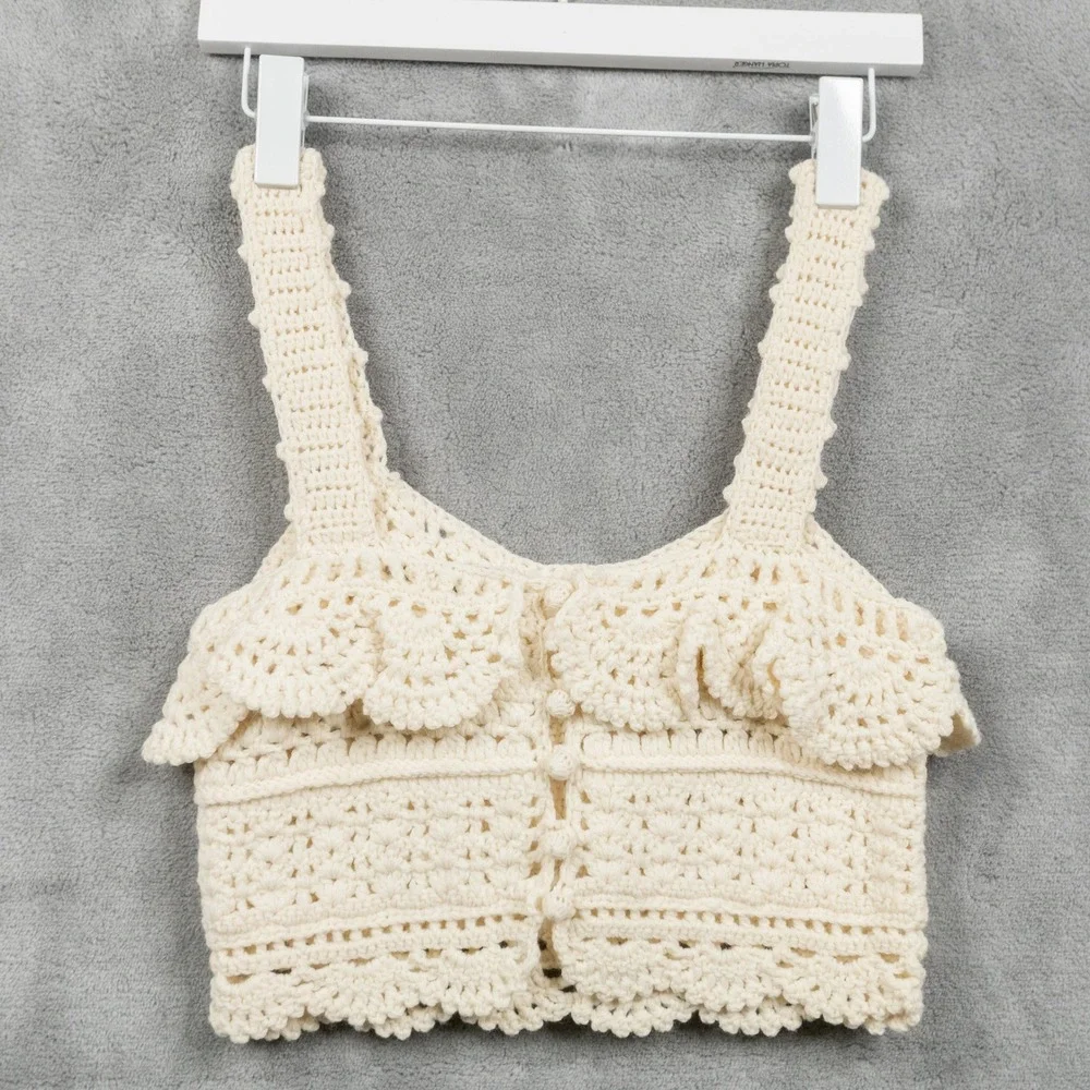 SEA NEW YORK Crochet Ruffle Button Back Wool Tank Top Coquette Festival Cream S